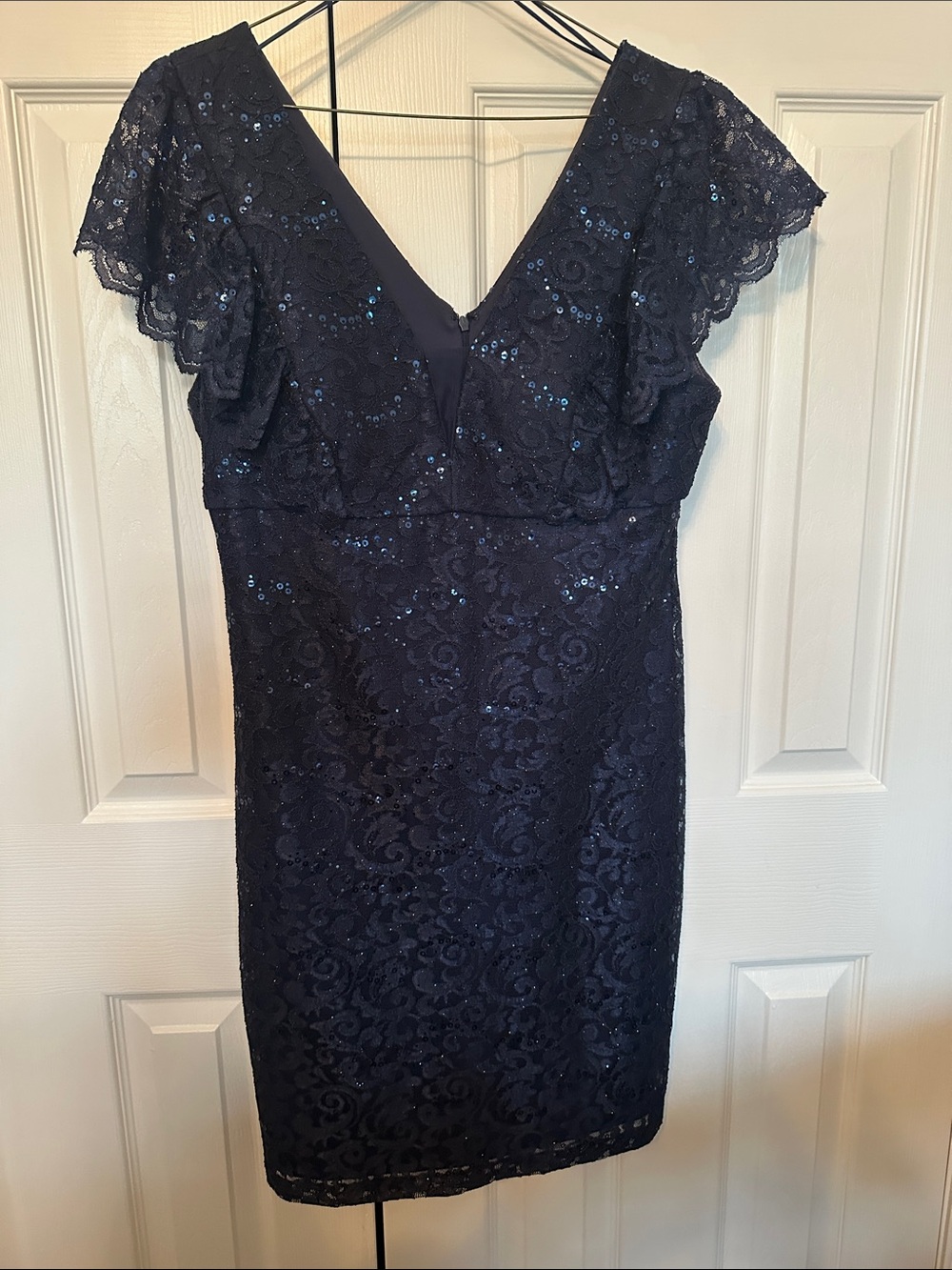 Elegant Navy Lace Sequin V-Neck Midi Dress